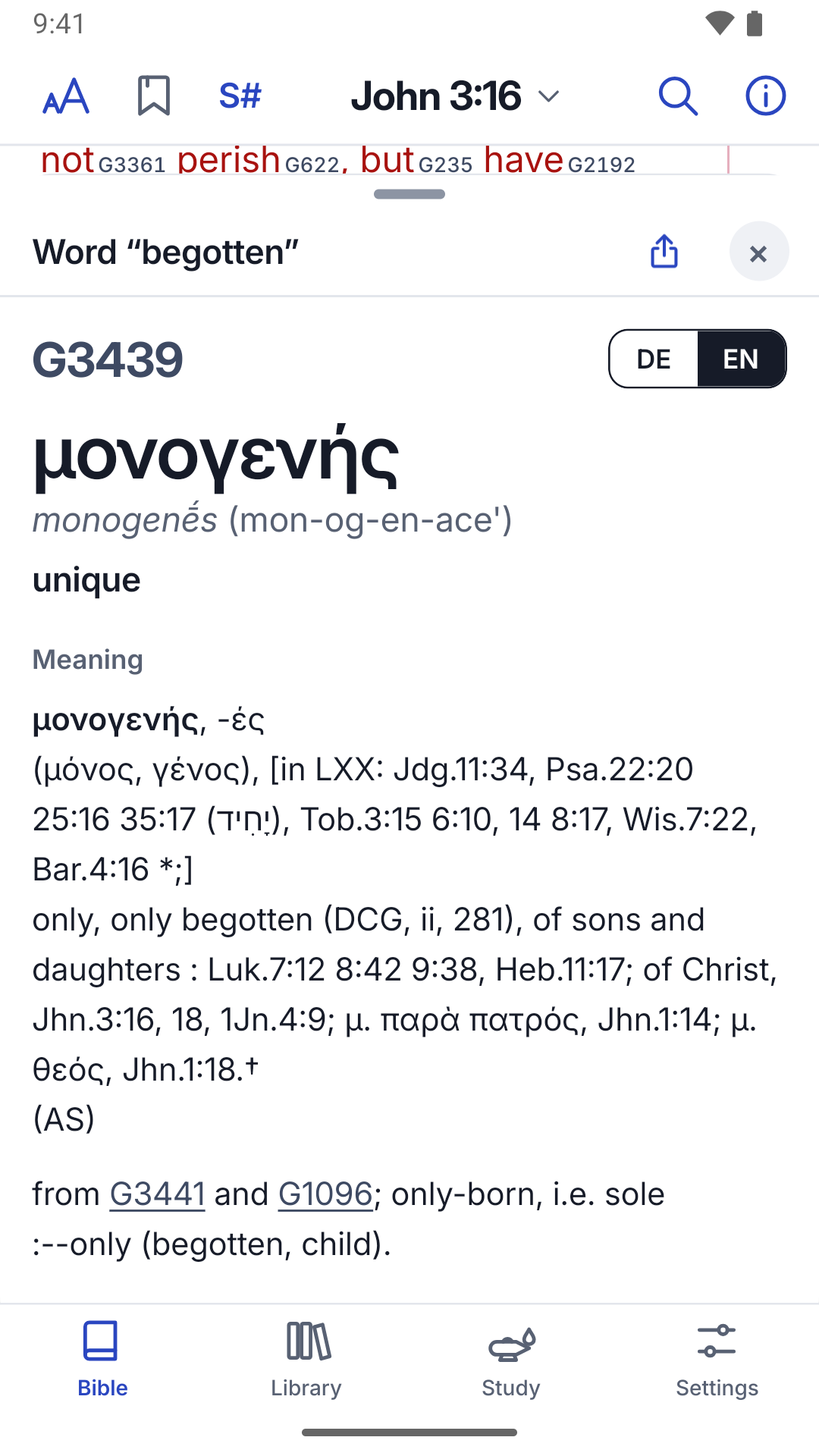 Entrada del léxico G3439 μονογενής para la palabra «begotten» (Juan 3,16)