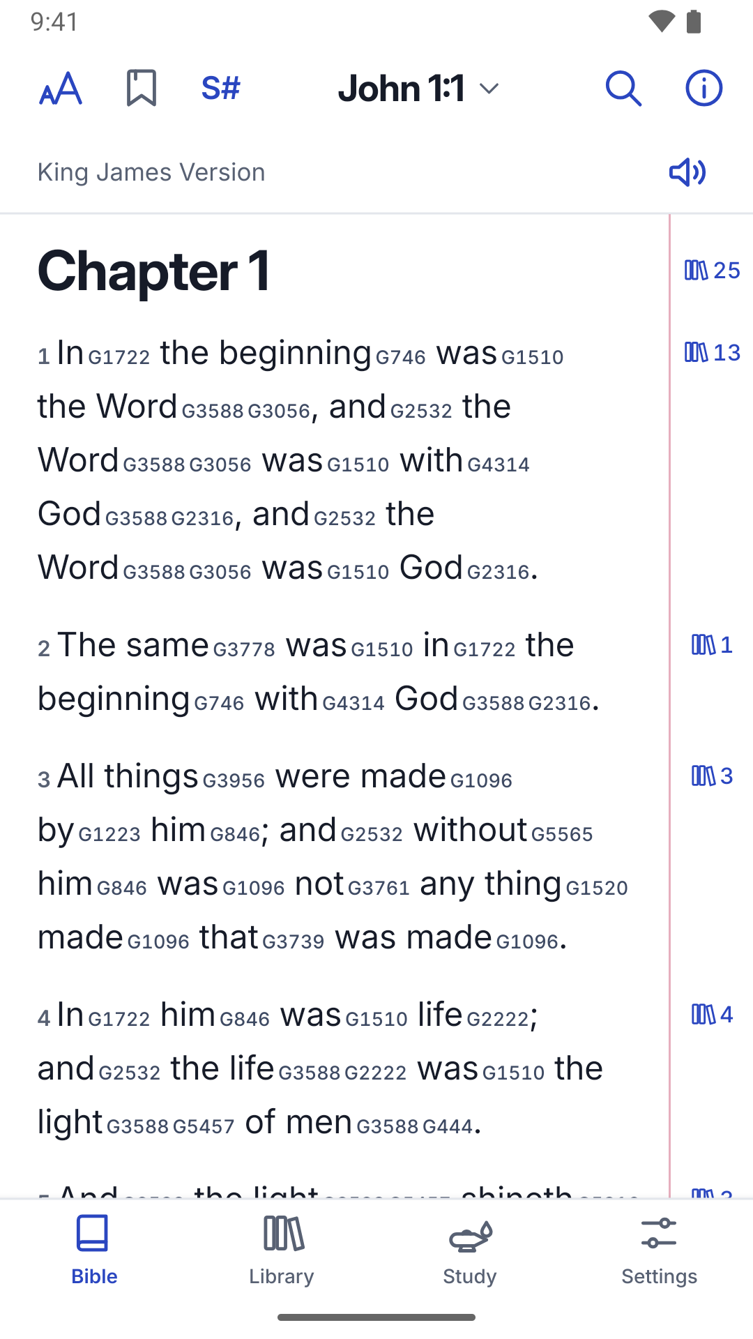 Juan 1 en la King James Version, con números Strong y símbolos de libro en el margen