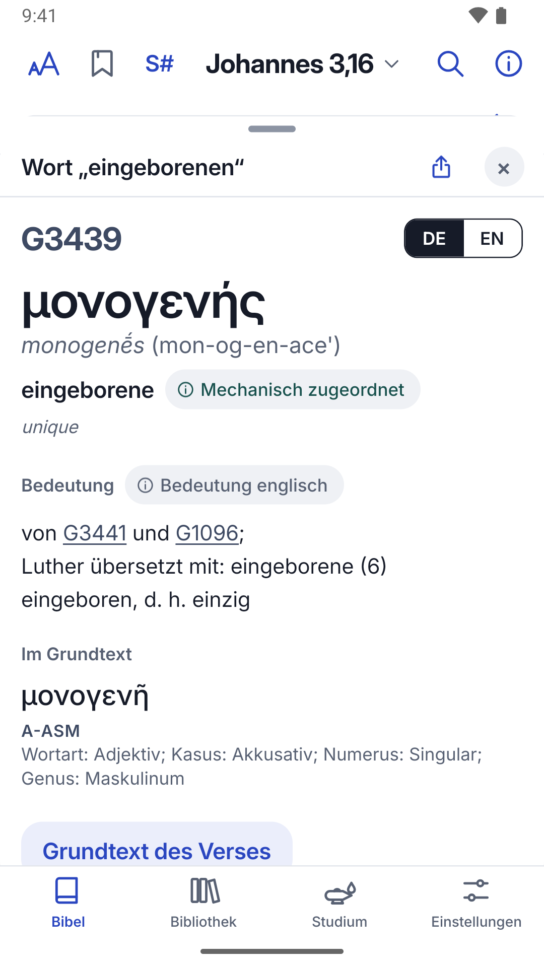 Lexikon-Eintrag G3439 μονογενής zum Wort „eingeborenen“ in Johannes 3,16